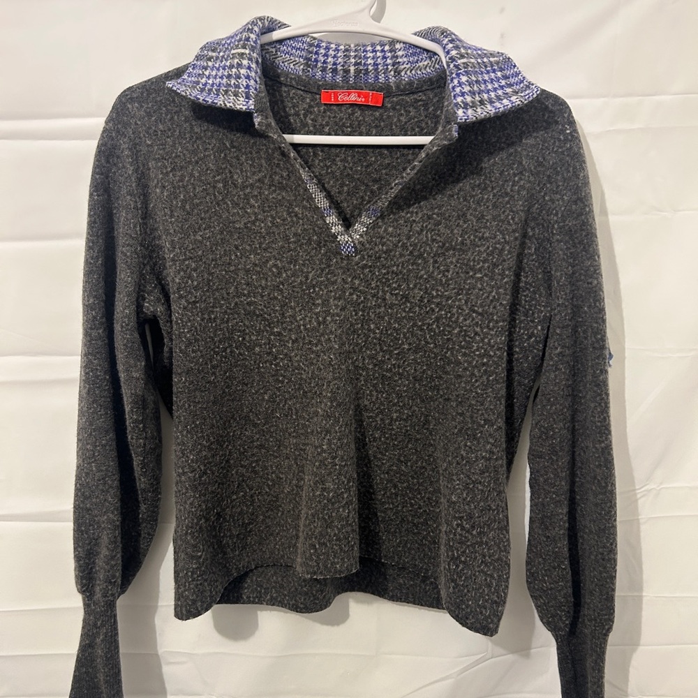 Celine Gray Sweater with Blue Houndstooth Collar